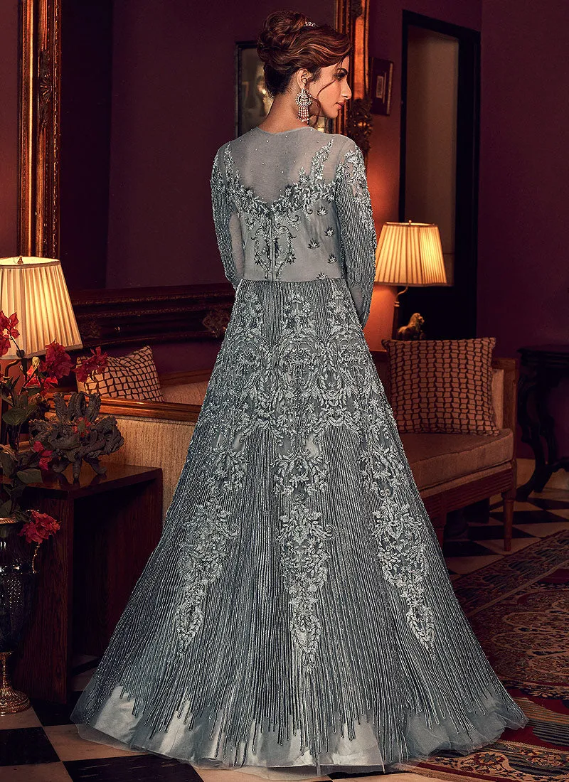 Silverish Grey Embroidered Wedding Anarkali Gown