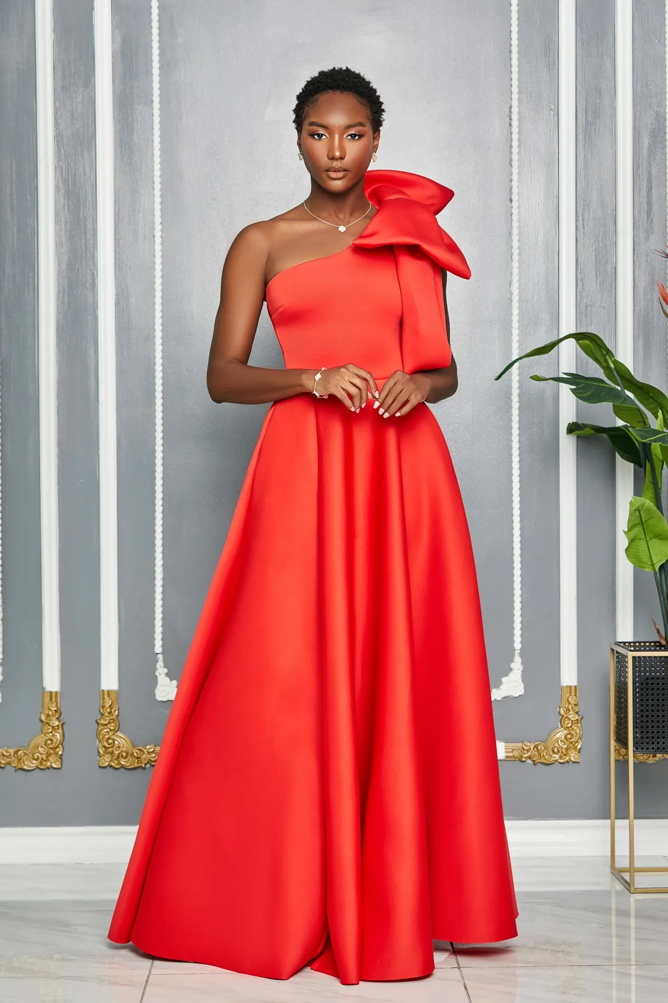 SINGLE SHOULDER BOW DETAIL MAXI DRESS WITH SLIT AND POCKETS (RED)