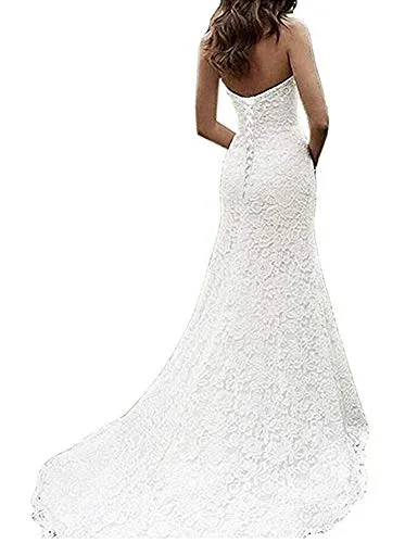 SIQINZHENG Women's Sweetheart Full Lace Beach Wedding Dress Mermaid Bridal Gown Ivory