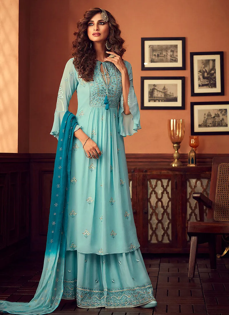 Sky Blue Embroidered Designer Palazzo Suit