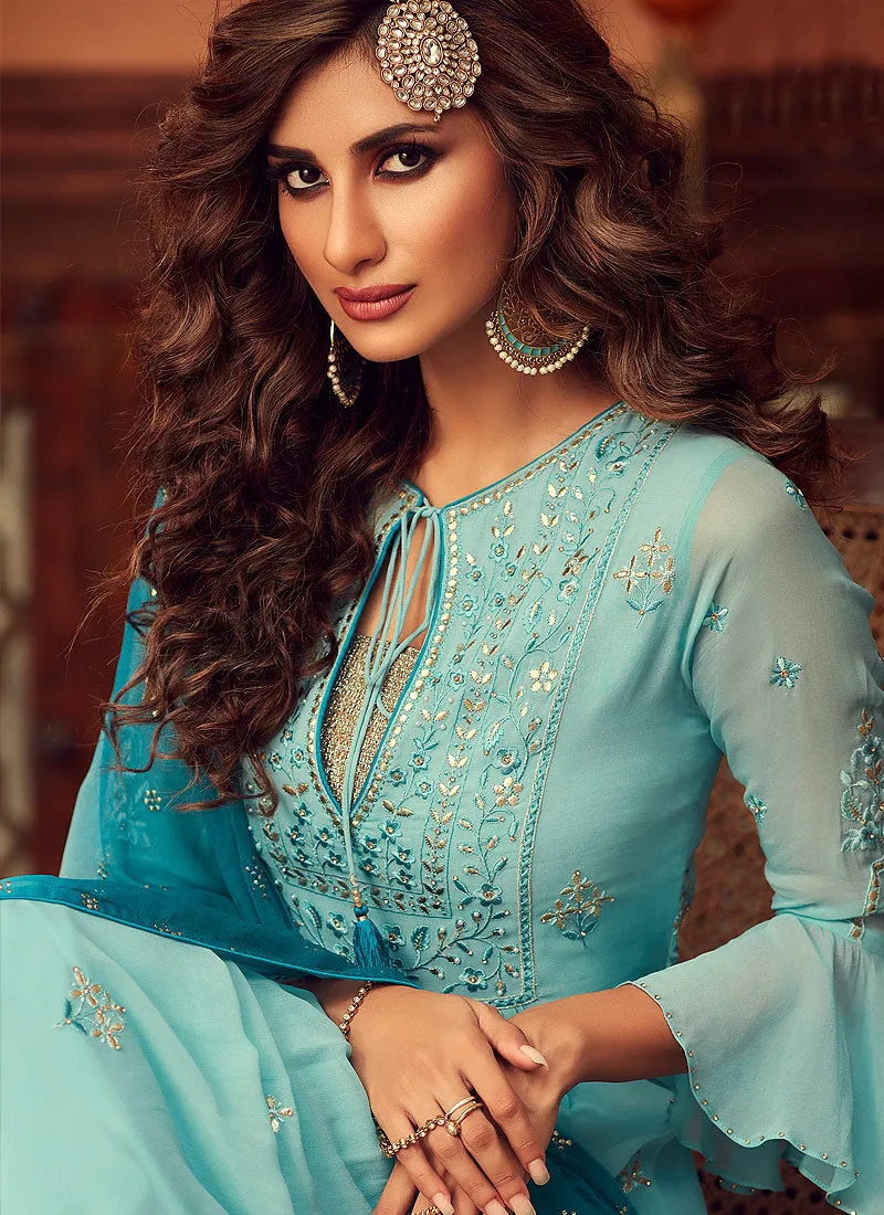 Sky Blue Embroidered Designer Palazzo Suit