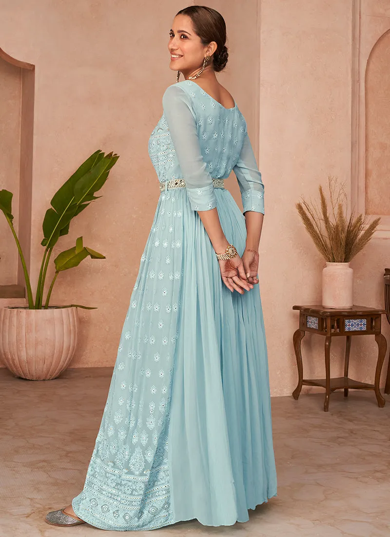 Sky Blue Lucknowi Embroidery Designer Anarkali Gown With Belt