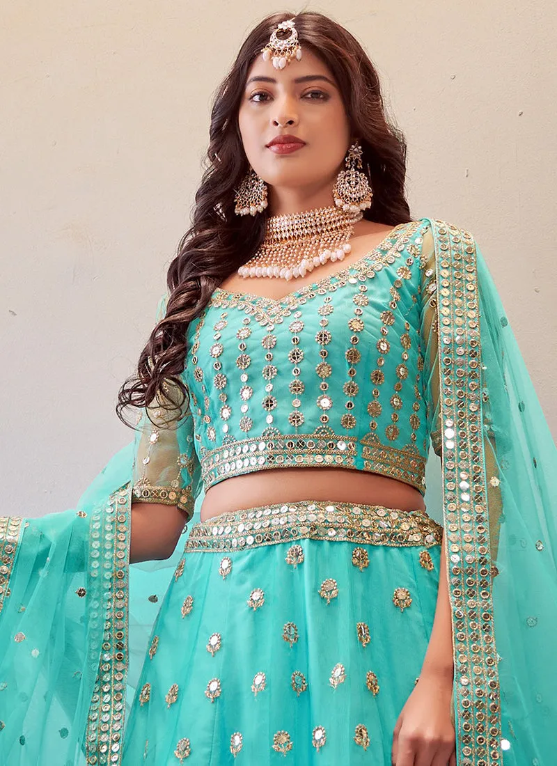 Sky Blue Mirror And Sequence Embroidery Wedding Lehenga Choli