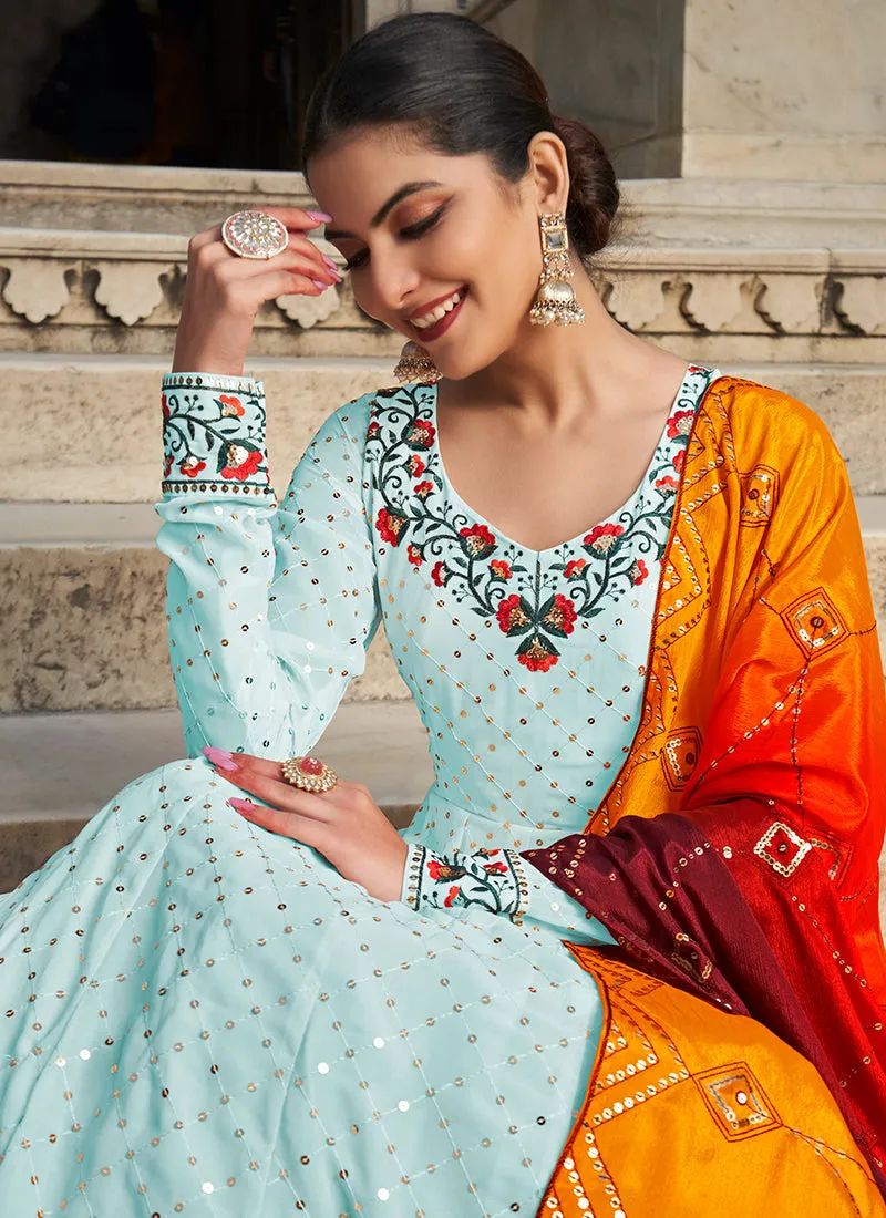 Sky Blue Multi Embroidered Anarkali Gown