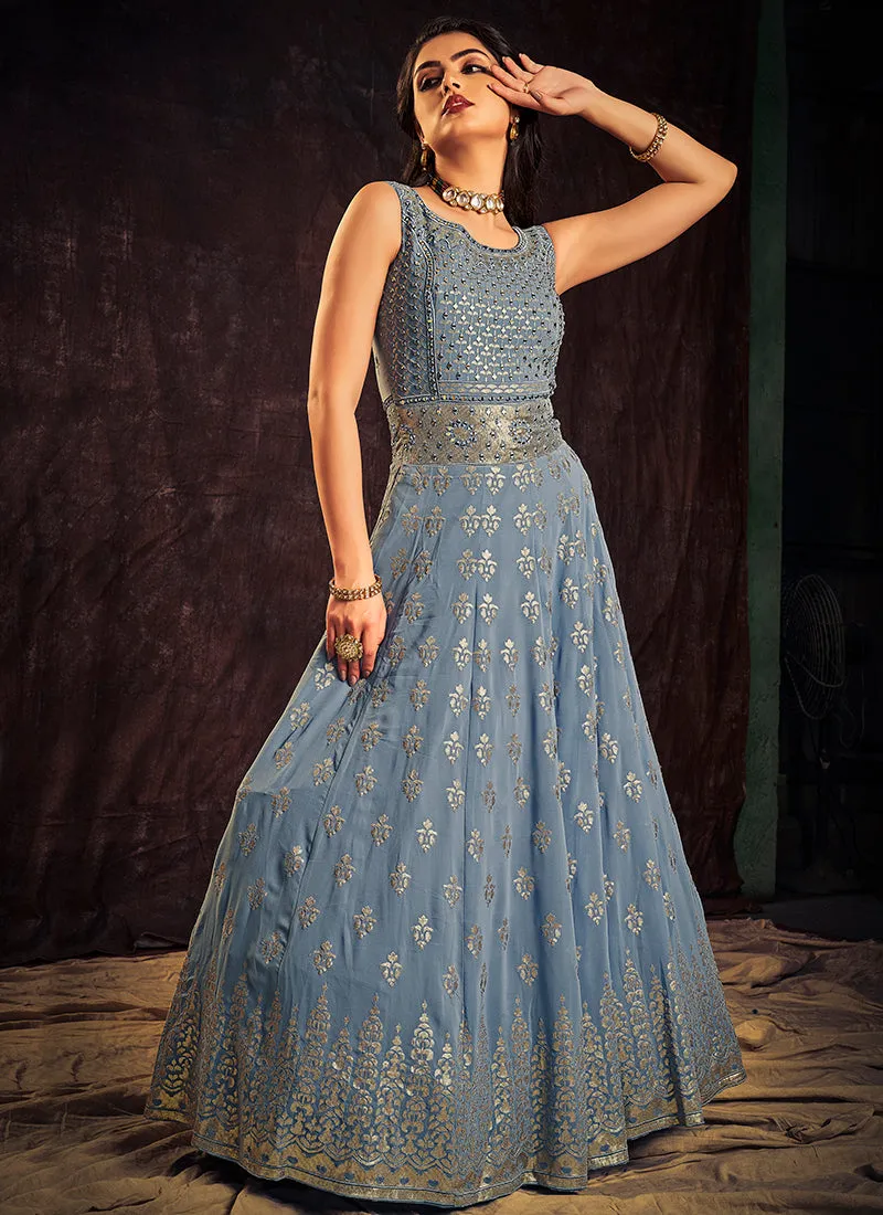 Sky Blue Sequence And Mirror Work Embroidery Anarkali Gown