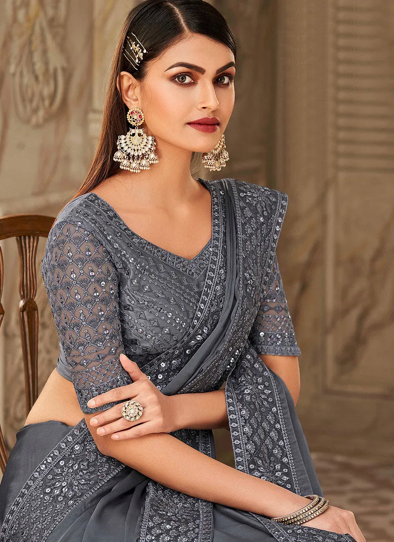 Slate Grey Embroidered Silk Saree