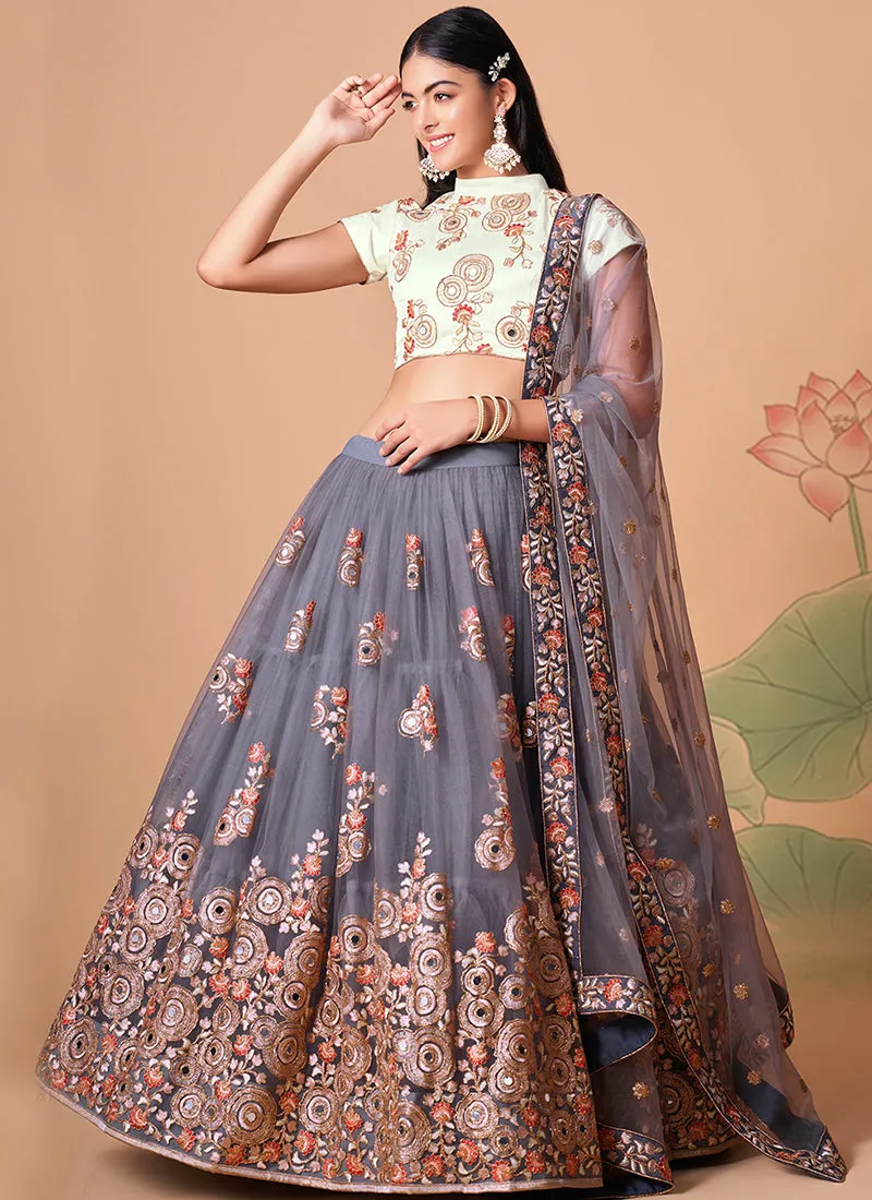 Slate Grey Multi Embroidery Wedding Lehenga Choli