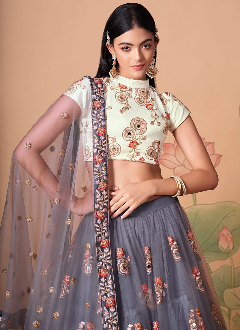 Slate Grey Multi Embroidery Wedding Lehenga Choli