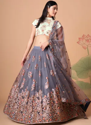 Slate Grey Multi Embroidery Wedding Lehenga Choli