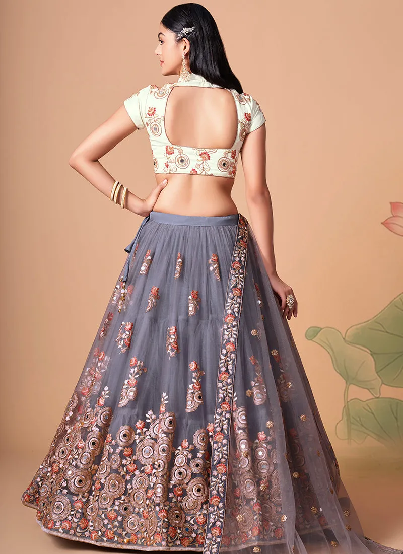 Slate Grey Multi Embroidery Wedding Lehenga Choli