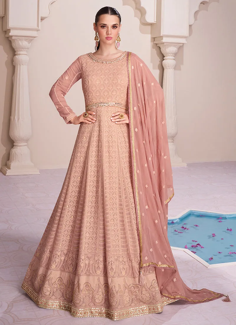 Soft Peach Lucknowi Embroidery Wedding Anarkali Gown