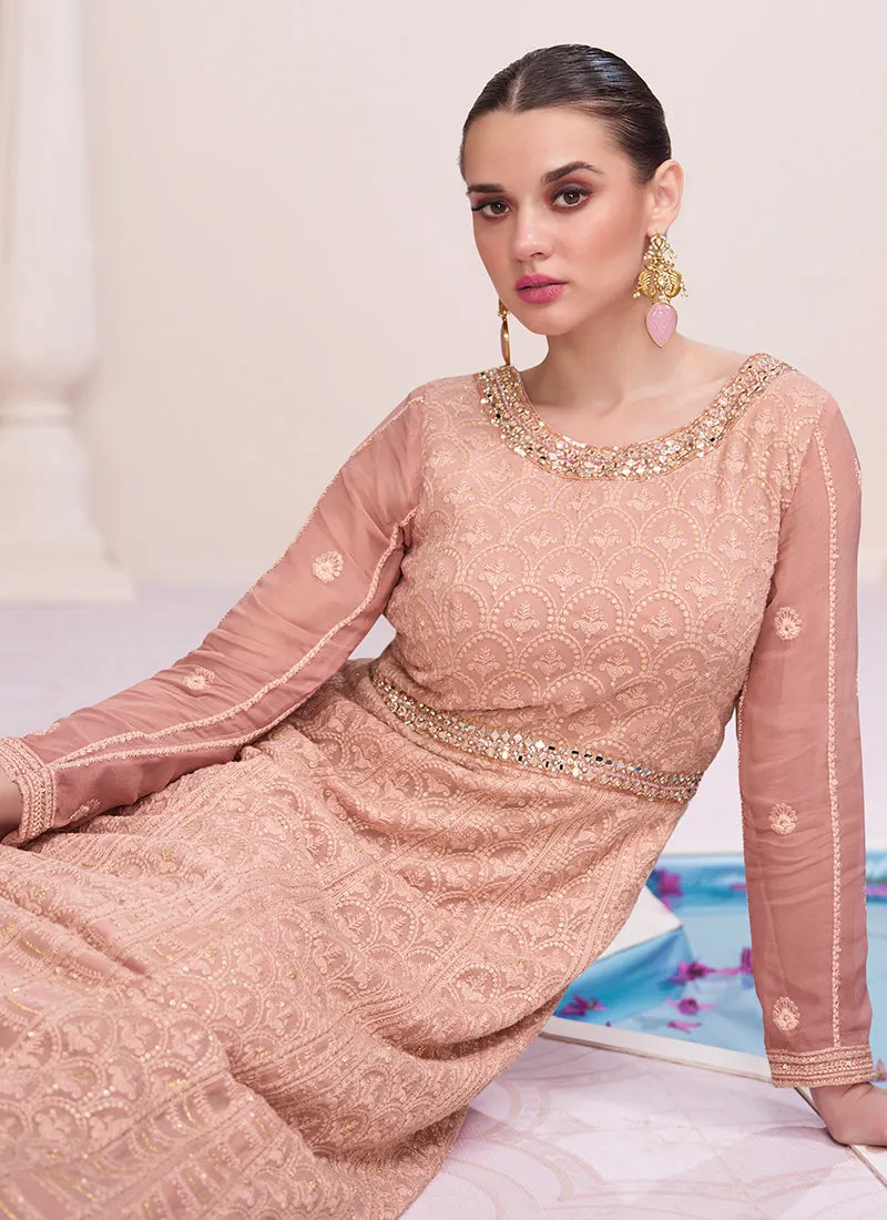 Soft Peach Lucknowi Embroidery Wedding Anarkali Gown