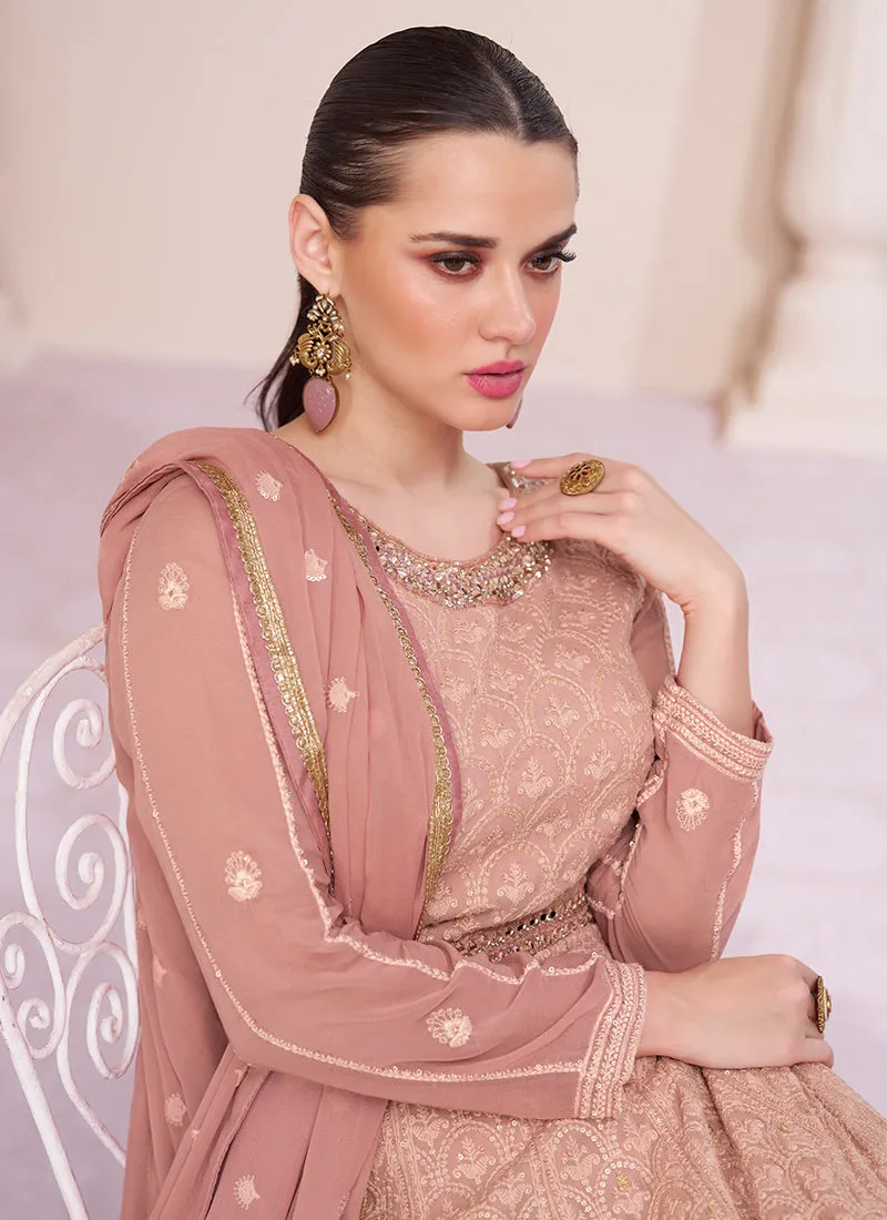 Soft Peach Lucknowi Embroidery Wedding Anarkali Gown