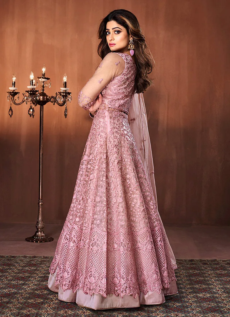 Soft Pink Embroidered Festive Anarkali Lehenga Suit