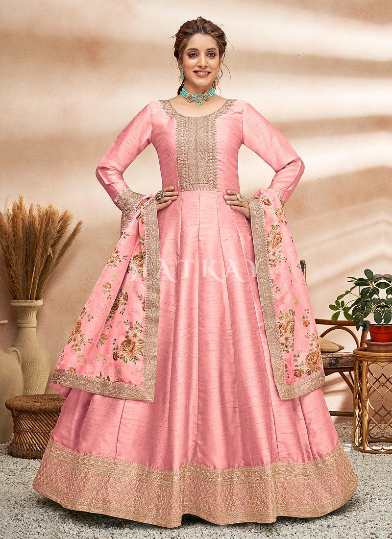 Soft Pink Embroidered Silk Anarkali Suit