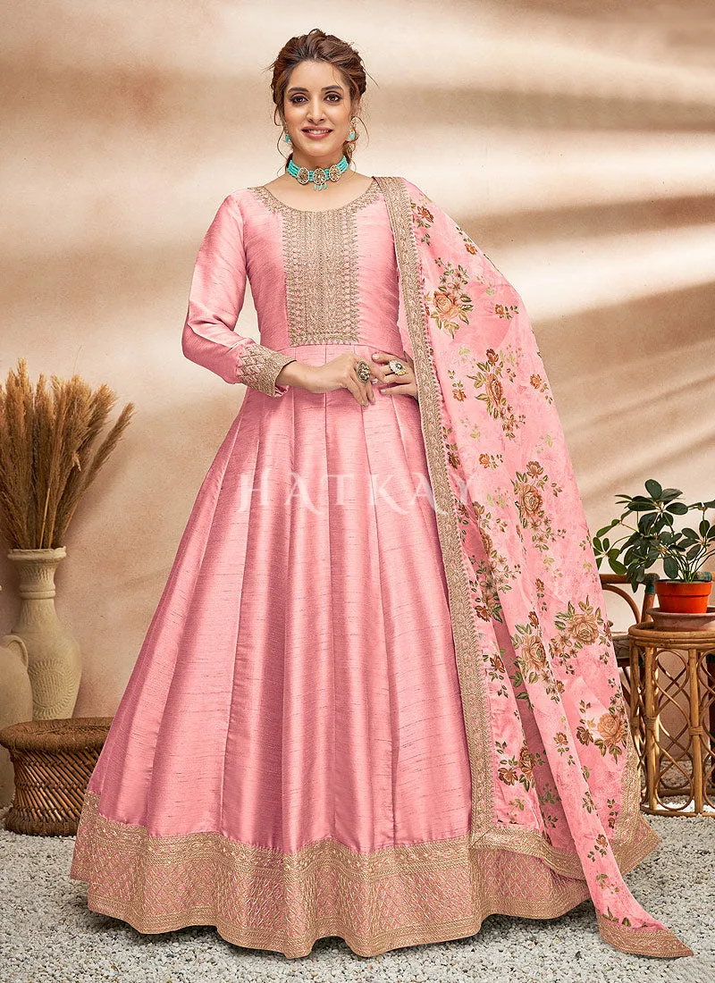 Soft Pink Embroidered Silk Anarkali Suit