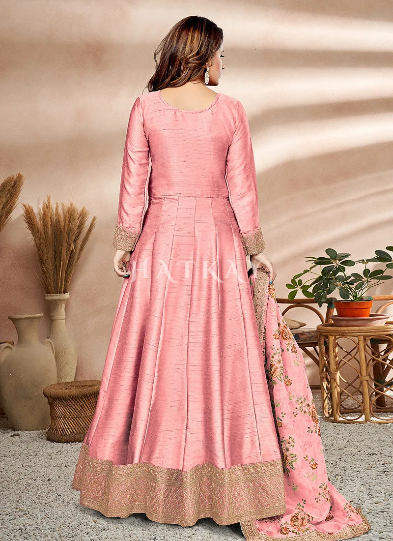 Soft Pink Embroidered Silk Anarkali Suit