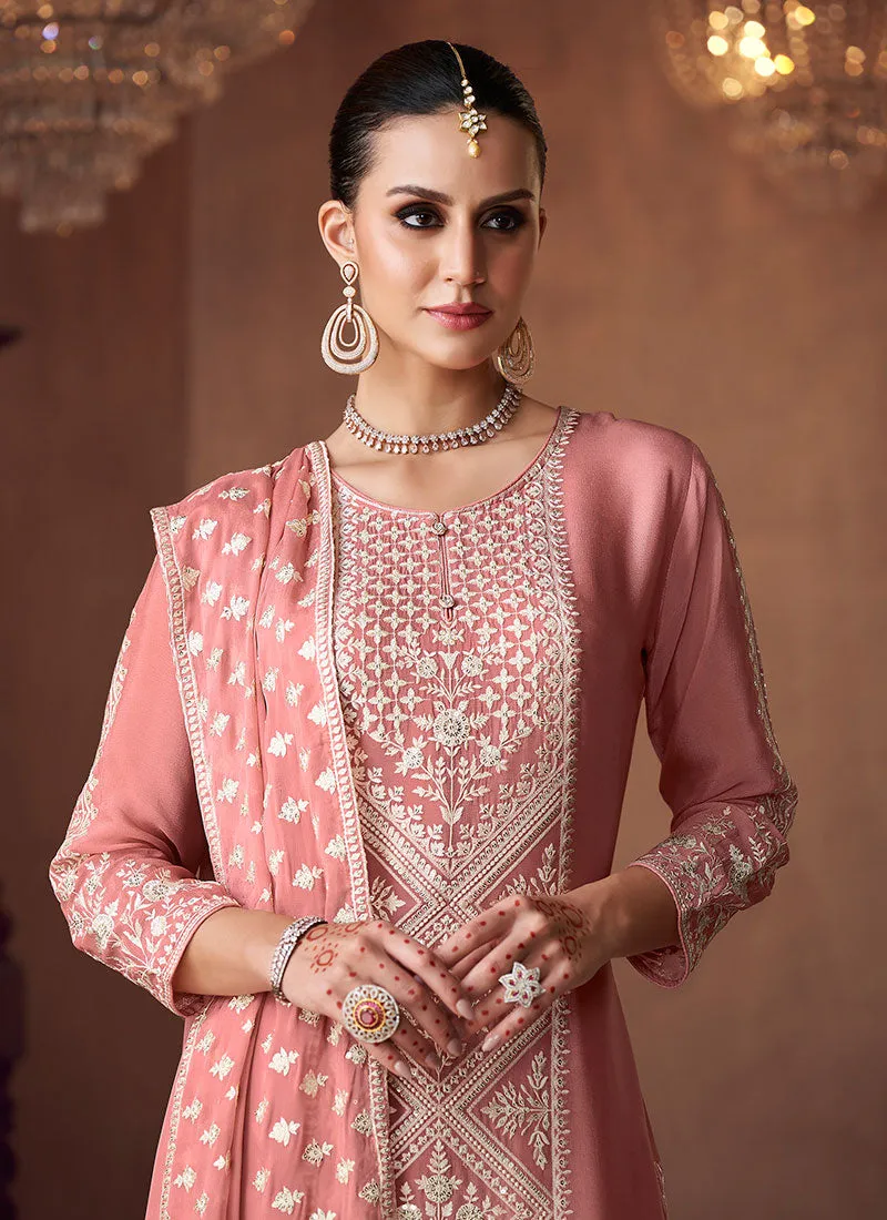 Soft Pink Thread Embroidery Palazzo Suit