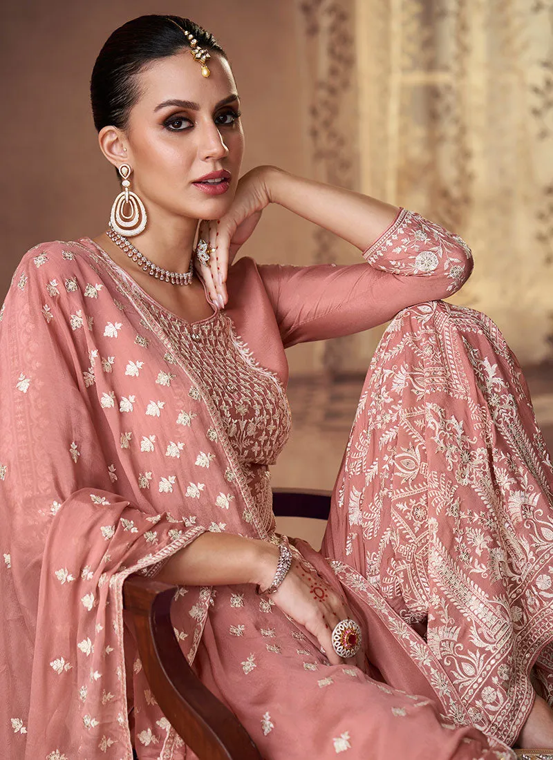 Soft Pink Thread Embroidery Palazzo Suit