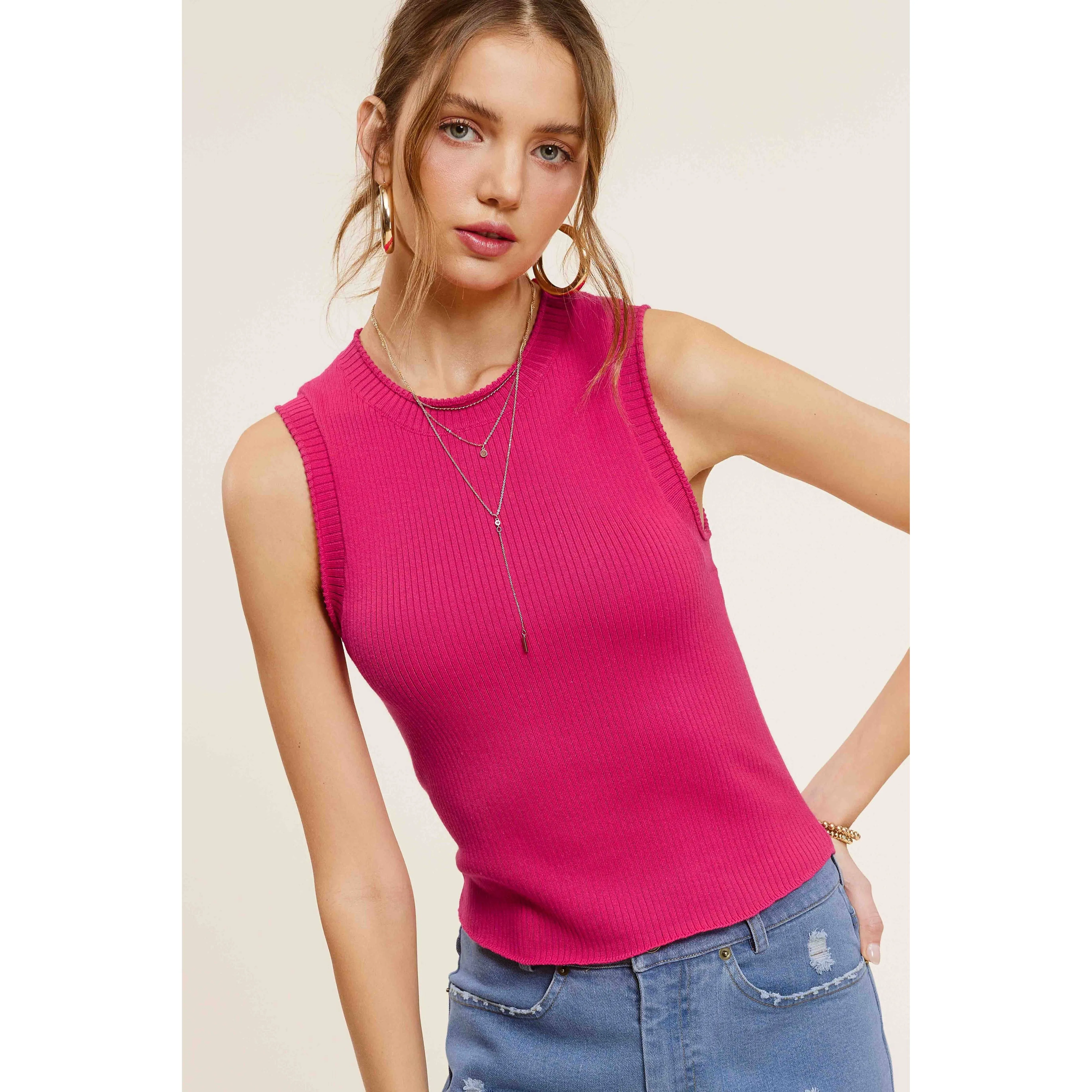 Stretchy Ribbed Fabric Spring Summer Sleeveless Top