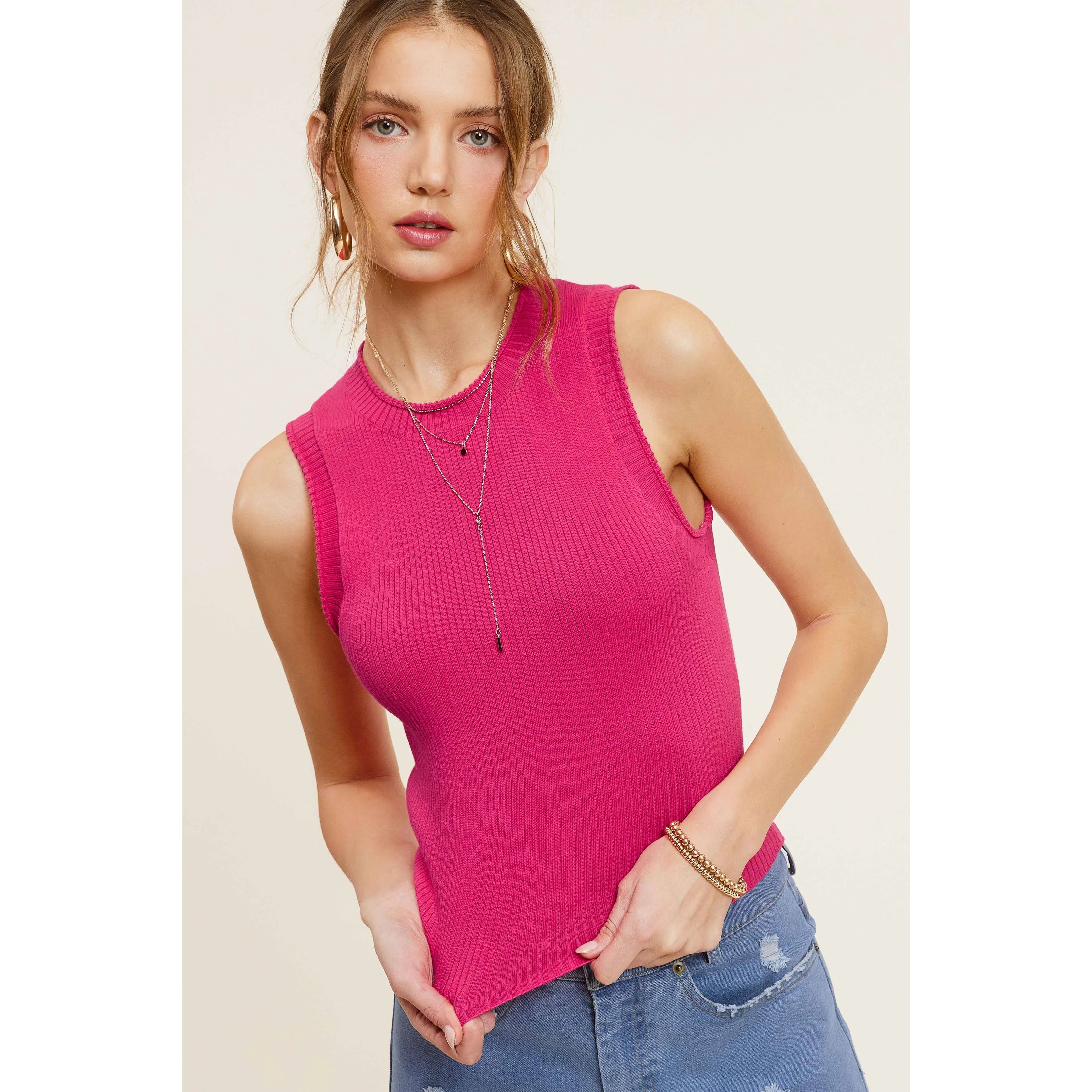 Stretchy Ribbed Fabric Spring Summer Sleeveless Top