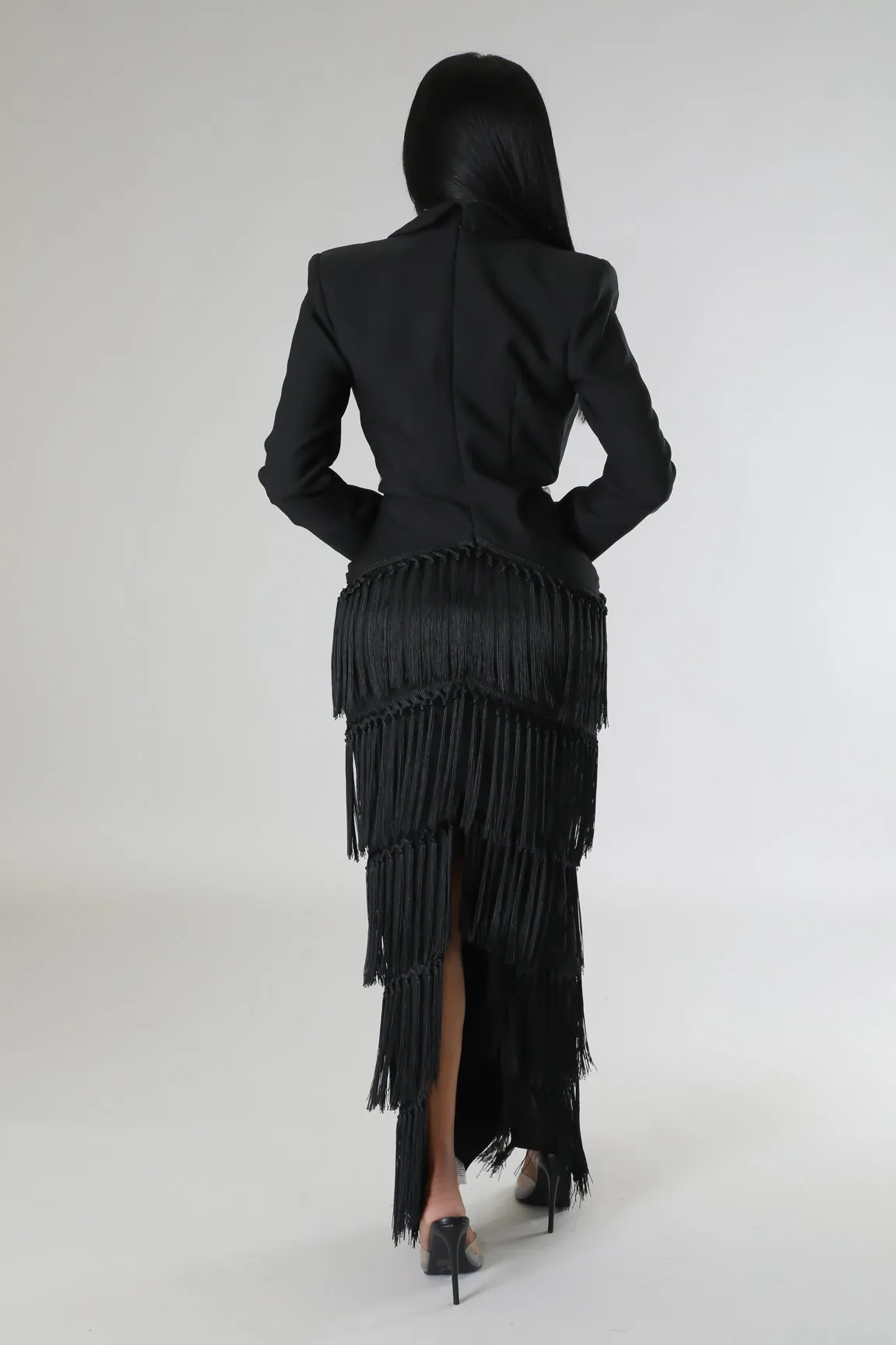 TASSEL-FRINGE MESH PANEL V-NECK MAXI DRESS (BLACK)