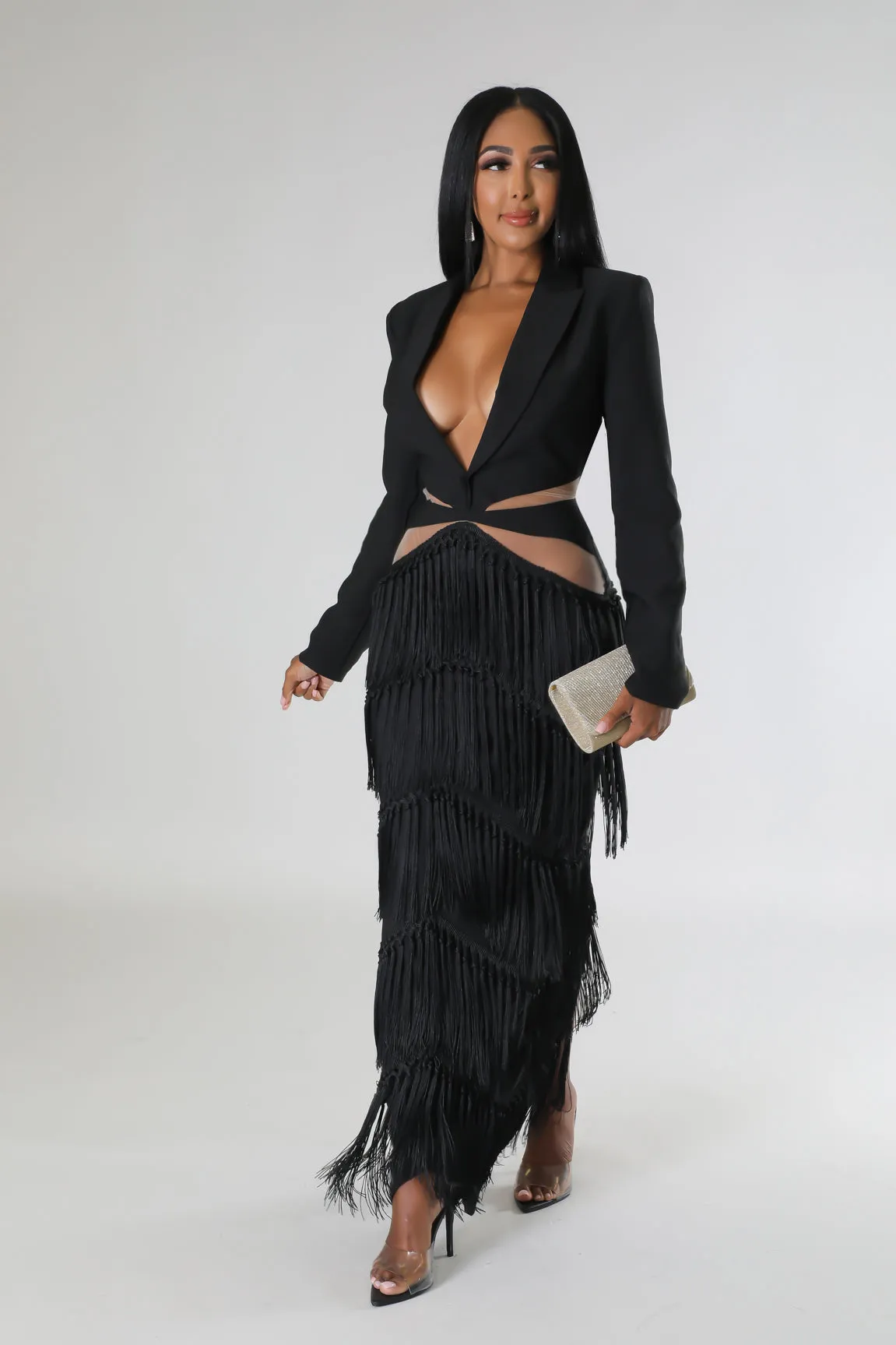 TASSEL-FRINGE MESH PANEL V-NECK MAXI DRESS (BLACK)