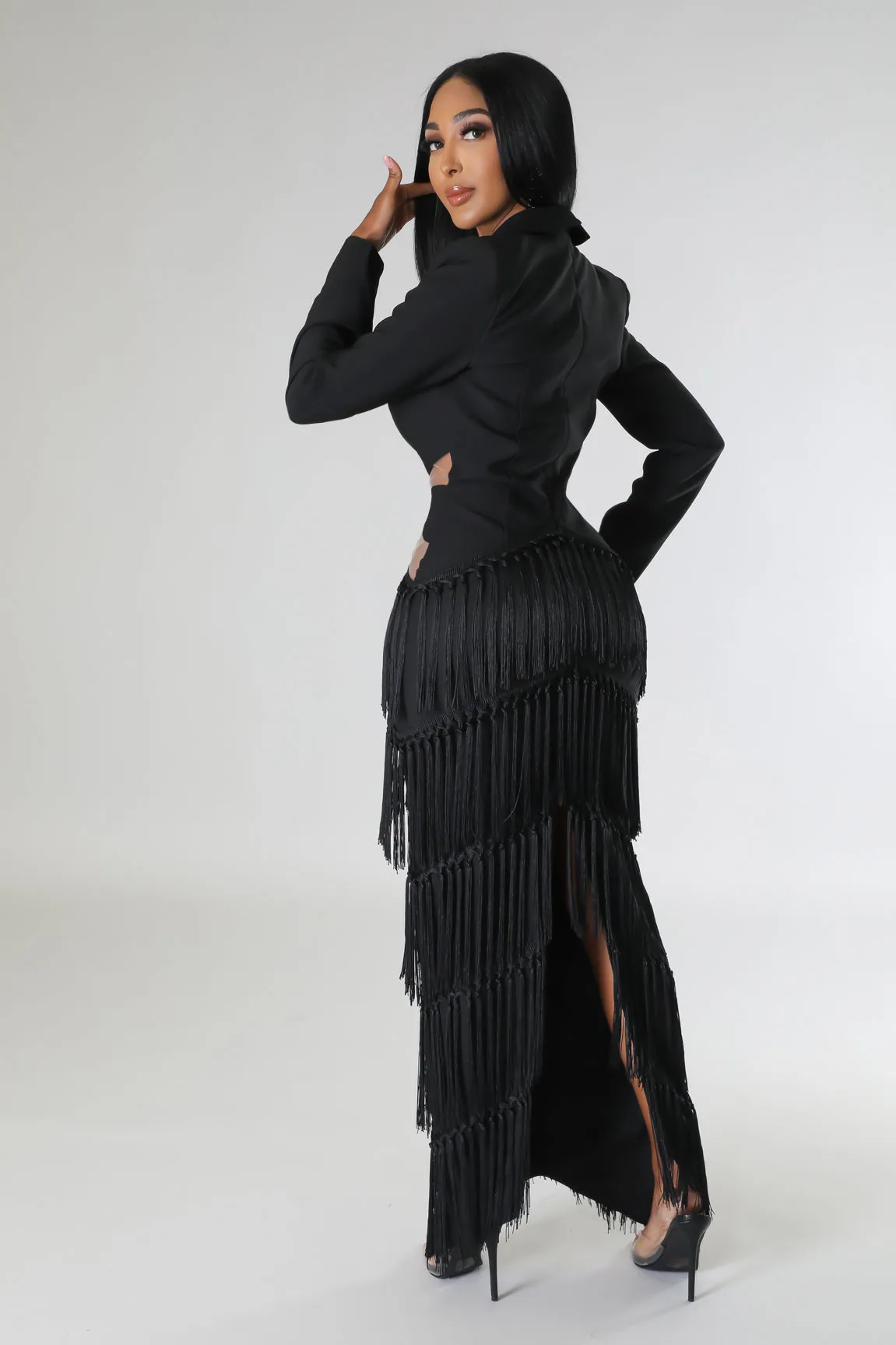 TASSEL-FRINGE MESH PANEL V-NECK MAXI DRESS (BLACK)