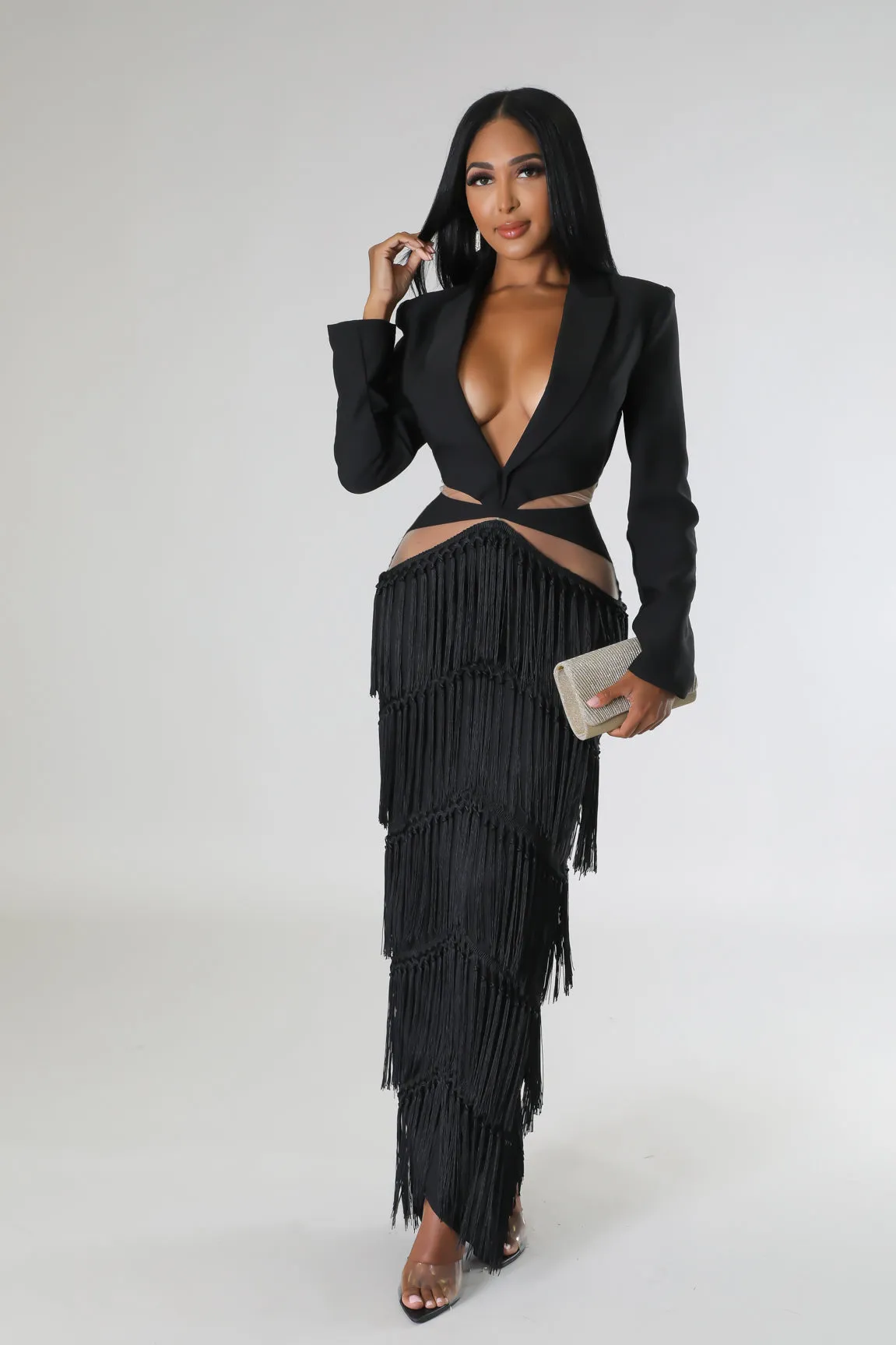 TASSEL-FRINGE MESH PANEL V-NECK MAXI DRESS (BLACK)