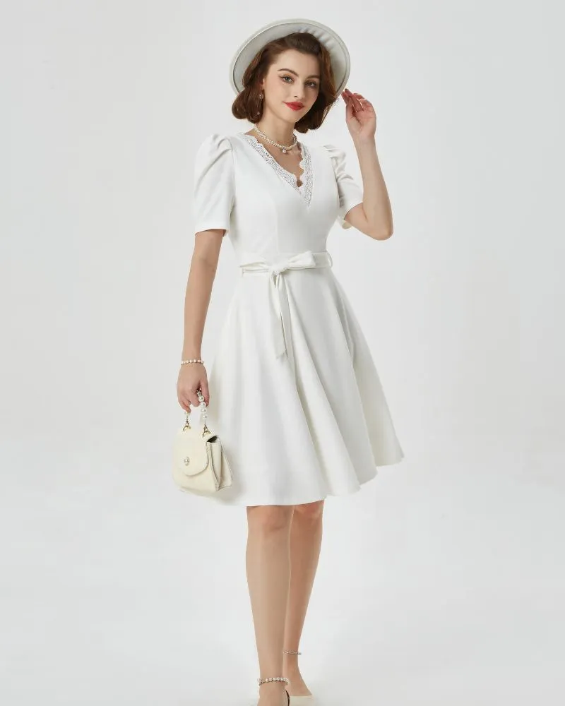 Tea Length Dress with Pockets Short Sleeve Tie Waist Dress V Neck A Line Dress