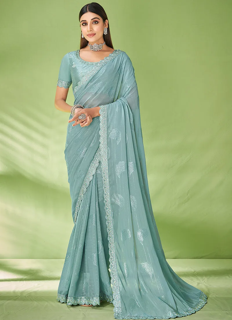 Teal Blue Designer Georgette Embroidered Festive Saree