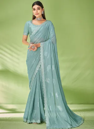 Teal Blue Designer Georgette Embroidered Festive Saree