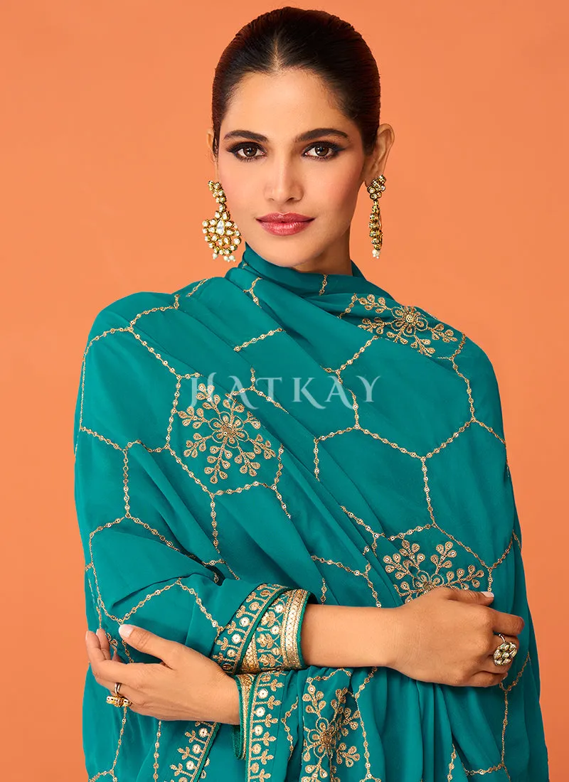 Teal Blue Embroidered Georgette Designer Anarkali Suit