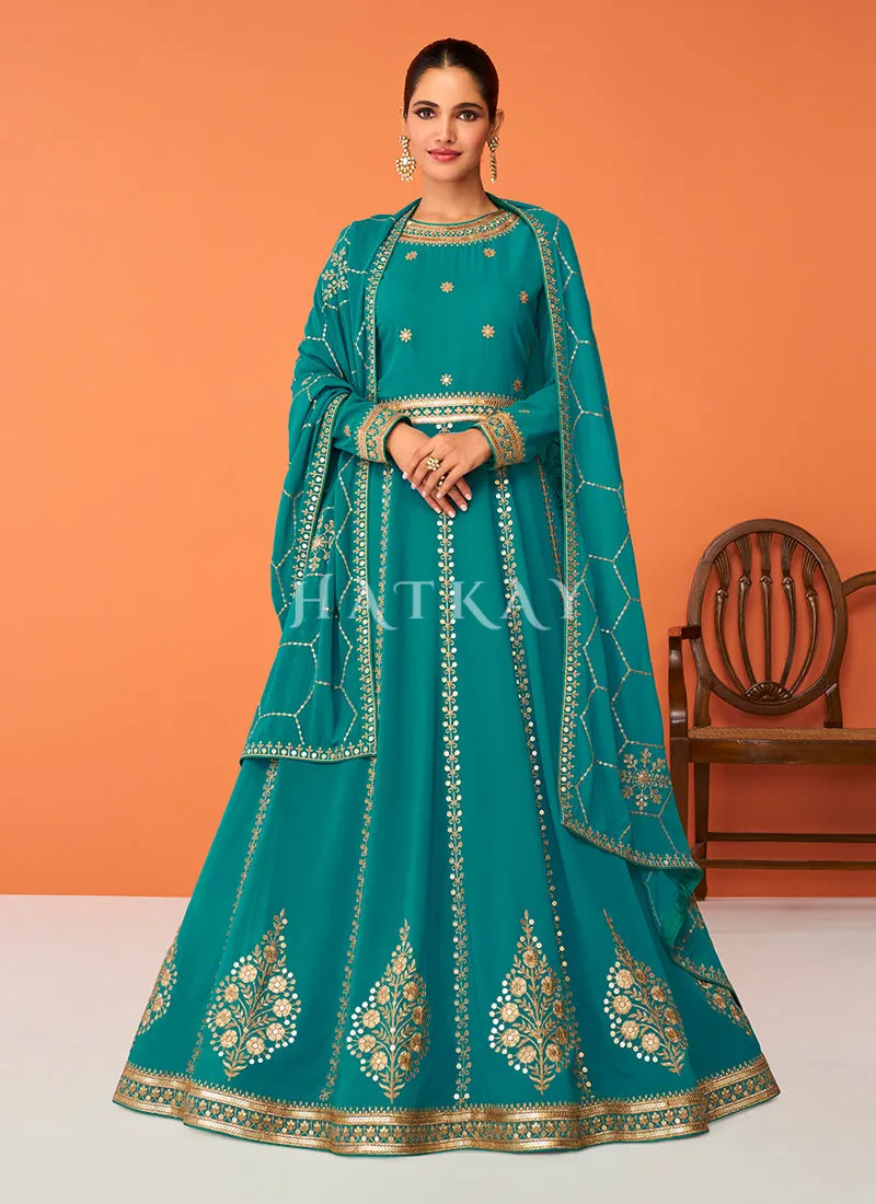 Teal Blue Embroidered Georgette Designer Anarkali Suit