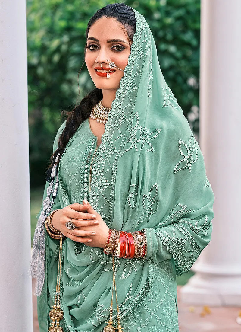 Teal Blue Embroidered Gharara Suit