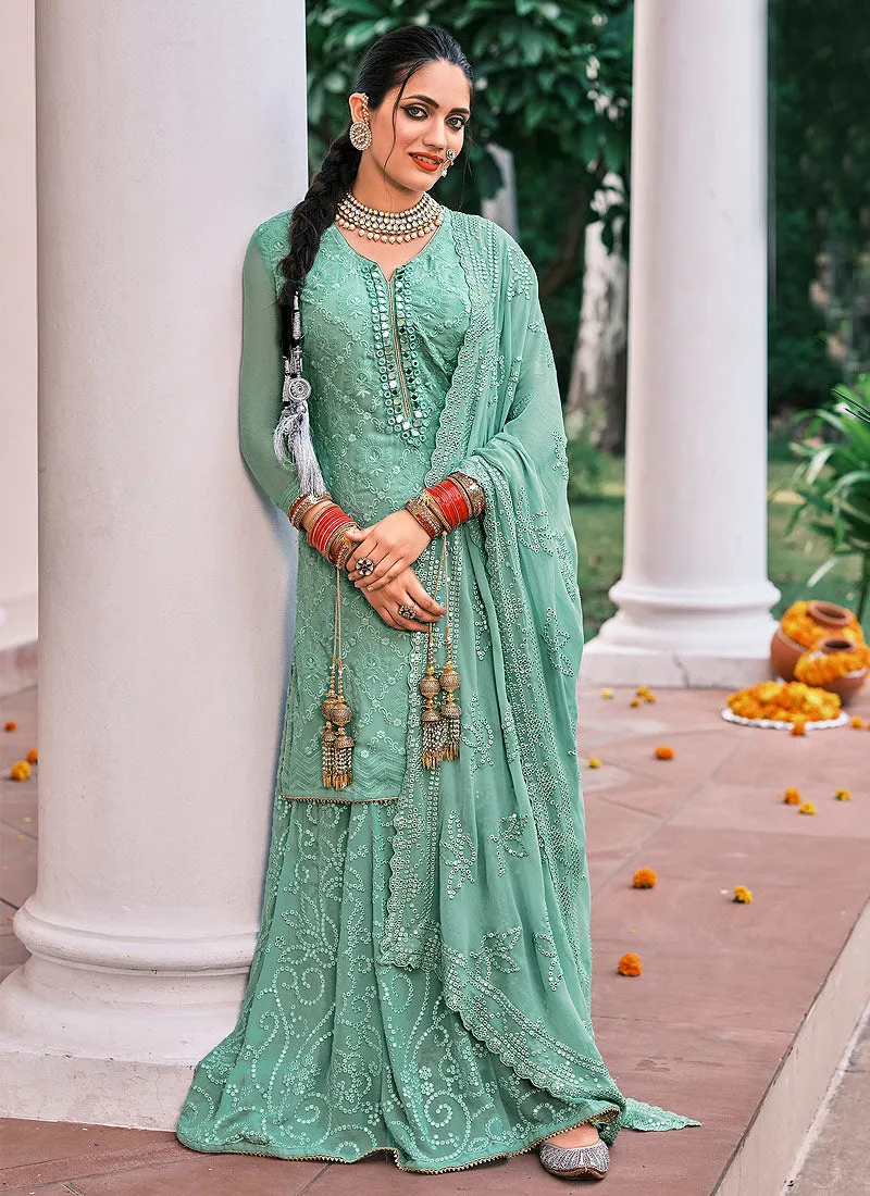 Teal Blue Embroidered Gharara Suit