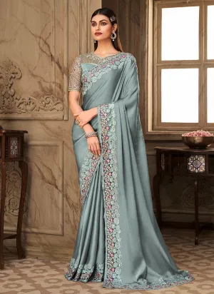 Teal Blue Embroidered Silk Saree