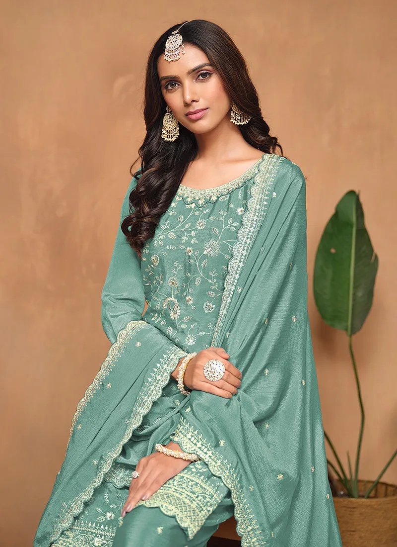 Teal Blue Embroidery Festive Palazzo Suit