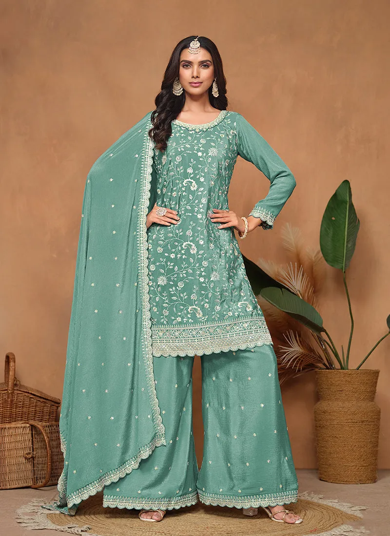 Teal Blue Embroidery Festive Palazzo Suit