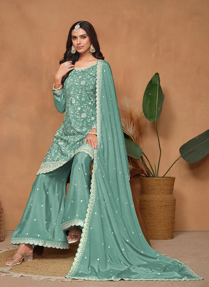 Teal Blue Embroidery Festive Palazzo Suit