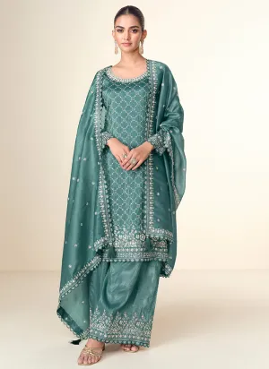 Teal Blue Embroidery Party Wear Palazzo Suit