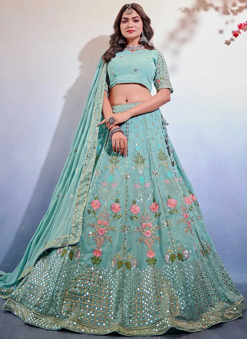 Teal Blue Sequence Embroidery Wedding Lehenga Choli