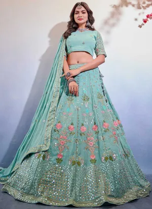 Teal Blue Sequence Embroidery Wedding Lehenga Choli