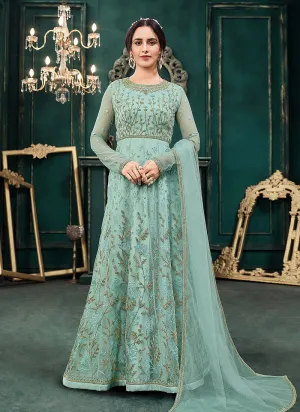 Teal Blue Traditional Embroidered Designer Indian Anarkali Suit