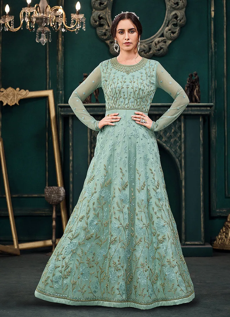 Teal Blue Traditional Embroidered Designer Indian Anarkali Suit