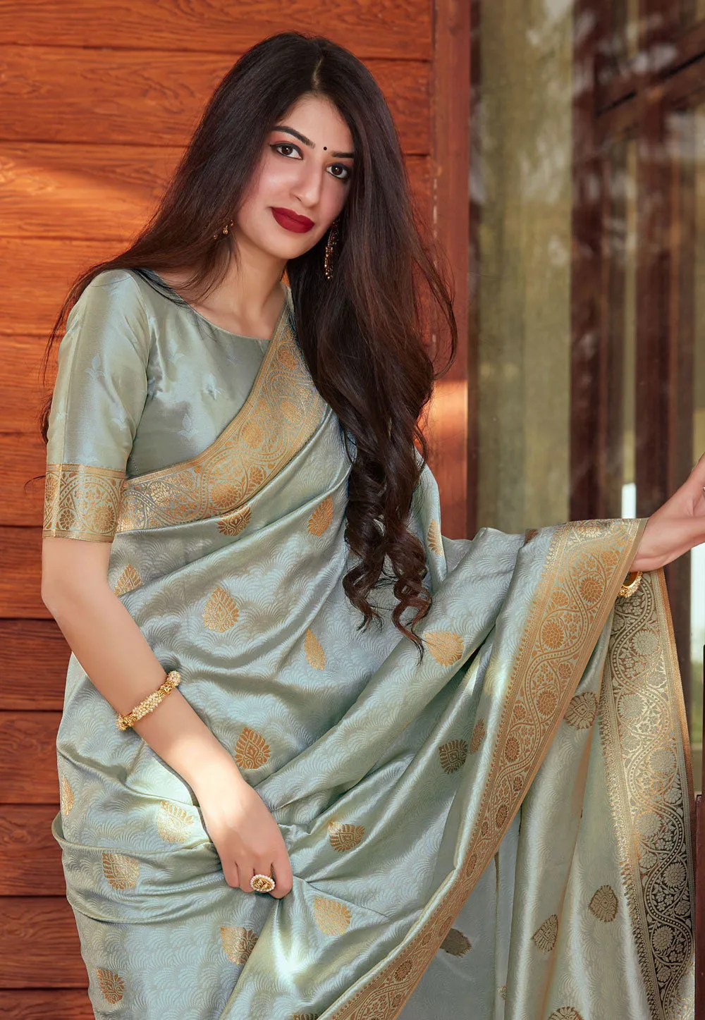 Teal Golden Jacquard Silk Saree