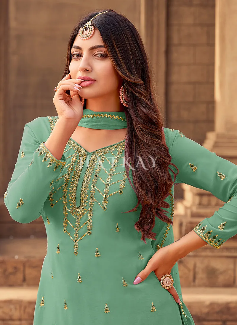 Teal Green Zari Embroidery Gharara Style Suit