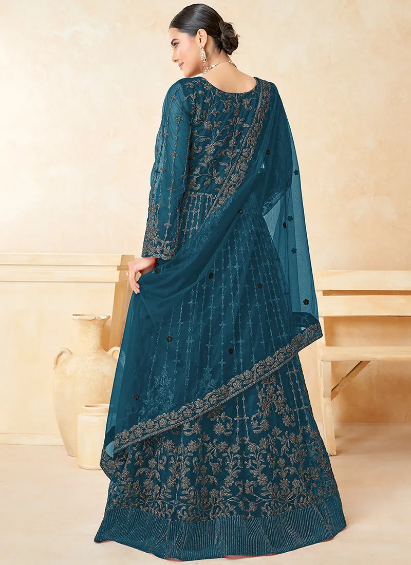 Turquoise Embroidered Net Anarkali Dress