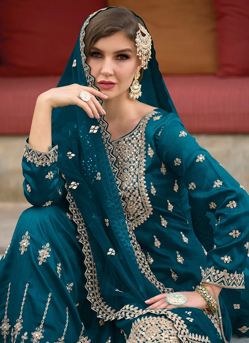 Turquoise Festive Embroidery Wedding Palazzo Suit