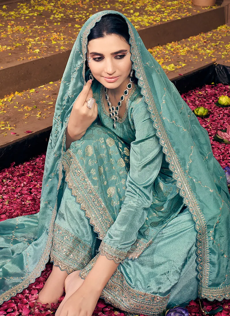 Turquoise Golden Embroidery Festive Palazzo Suit